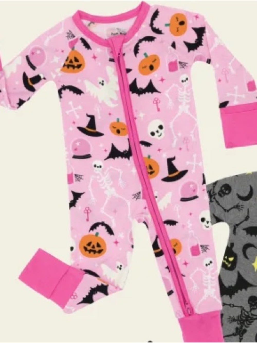 Little Sleepies Pink & Gray Halloween Skeleton and Pumpkin Footie Pajama Set